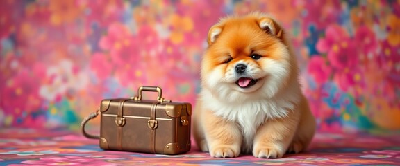 Fluffy chow chow puppy with miniature suitcase, vibrant background,  holiday,  puppy
