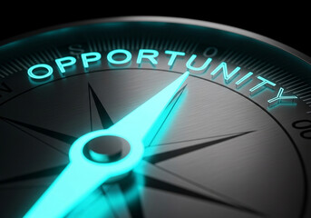 Photo of a glowing compass points towards the word opportunity symbolizing future success and strategic direction