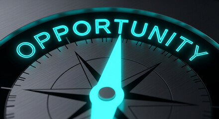 Photo of a glowing compass points towards opportunity representing future success and strategic decision making for business growth