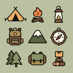 Camping icons with tent, campfire, lantern