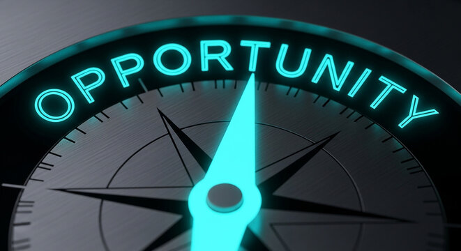 Photo of a glowing compass points towards opportunity representing future success and strategic decision making for business growth