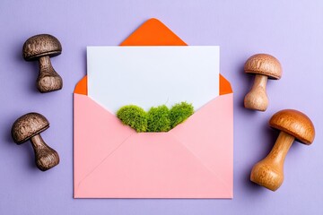 Decorative envelope with miniature wooden mushrooms and moss.