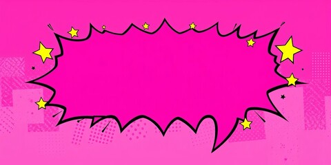 Retro pink banner, purple speech bubble exploding with stars, comic style,  message,  graphic