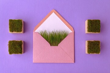Pink envelope with grass and small moss blocks on a purple background.