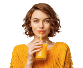 Beautiful woman enjoying a glass of refreshing orange juice with a straw.