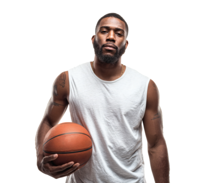 A strong, confident Black man holds a basketball in a studio setting, ready to play.