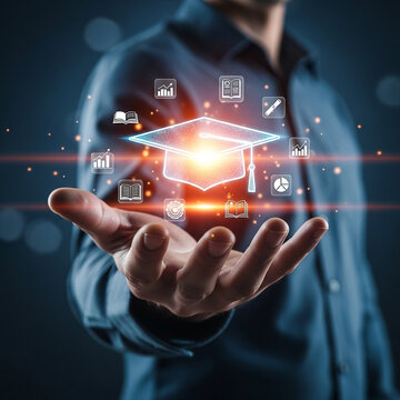 Photo of a man is presenting a graduation cap hologram symbolizing education and academic success in the digital age