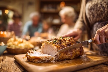 Grandma cutting roast turkey with knife during holiday dinner. Close-up of knife and roast turkey.