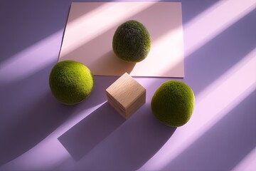 Arrangement of moss-covered spheres and a wooden cube.