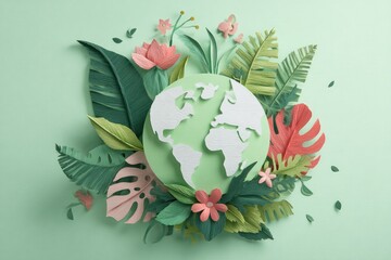 Earth surrounded by paper cut tropical plants and flowers.