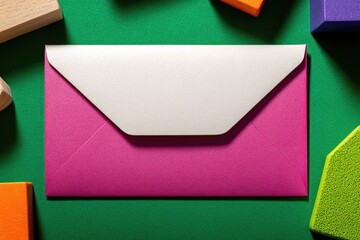 Pink envelope with white flap on green background.