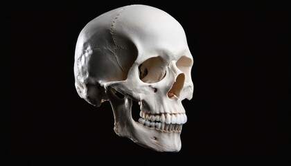 Naklejka premium Anatomical Study of a Human Skull with Teeth and Jaw Bones on a Black Background