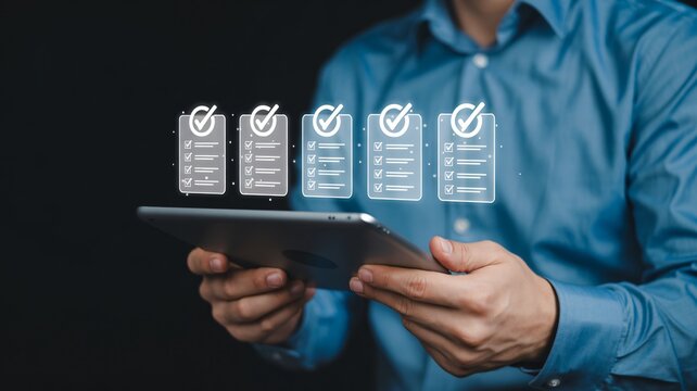 Modern businessman reviewing digital checklist on tablet device