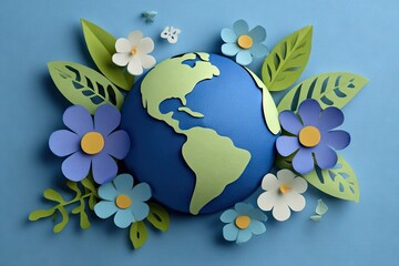 Earth surrounded by paper flowers and leaves.