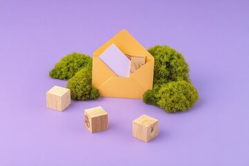 An envelope with a note and wooden blocks, surrounded by moss, on a lavender background.