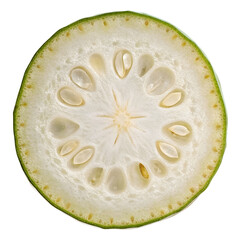 A single dried bottle gourd slice, isolated on a white background, possibly for culinary,