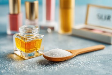 White crystals in a wooden spoon alongside a small glass jar of amber liquid.