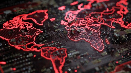 Glowing red world map highlights global network connectivity over intricate circuit board technology
