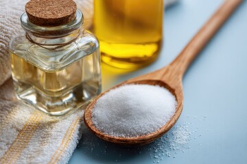 Wooden spoon holding coarse sea salt next to a clear glass bottle of liquid and a bottle of oil.