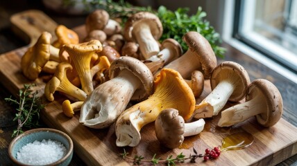 Mushroom medley of fresh wild varieties including chanterelles, shiitake and oyster mushrooms arranged on rustic wooden cutting board with herbs and natural lighting