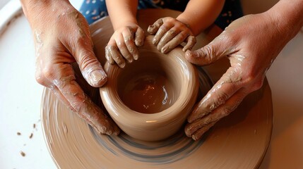 Adult and child hands working together on pottery wheel creating clay vessel, intergenerational crafting experience with wet clay-covered fingers