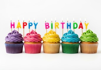 Five colorful birthday cupcakes with lit candles spelling out happy birthday, isolated on white background