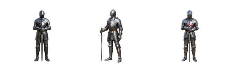 Knights in armor displaying valor historic battlefield medieval environment side chivalry concept. Cut out set png