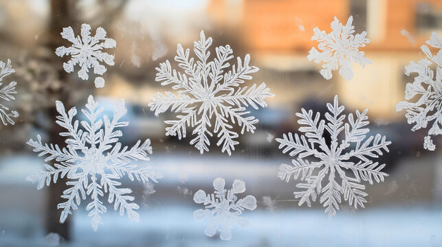 Snowflake window decorations, delicate white crystal stickers, a cozy magical winter scene, festive home decor with soft bokeh - Powered by Adobe