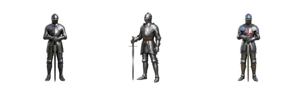 Knights in armor displaying valor historic battlefield medieval environment side chivalry concept. Cut out set png