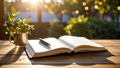 Open book, pen, and plant on wooden table, sunlight