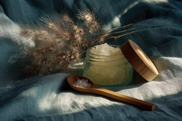 Jar of scrub with dried flowers on a teal fabric.