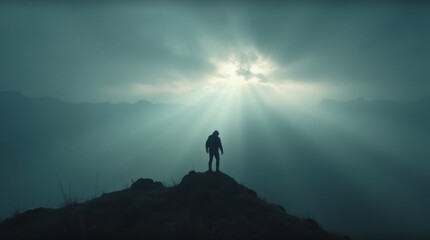 Fototapeta premium Moody Mountainscape Hiker in Dramatic Light