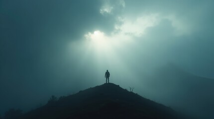 Fototapeta premium Moody Mountainscape Hiker in Dramatic Light