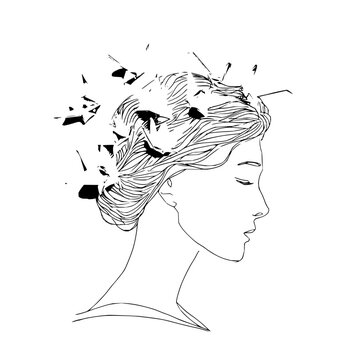 Line art of a woman in profile with exploding hair and closed eyes in a black and white drawing style