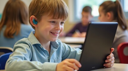 Student with hearing aid using tablet and speech-to-text app in an inclusive classroom learning environment.	
