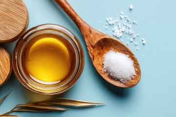 Glass jar of oil and wooden spoon with sea salt.