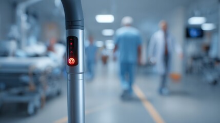 Focused medium shot of a hightech crutch handle sensor tracking users pressure with a blurred clinical environment in the background illustrating advanced recovery support for