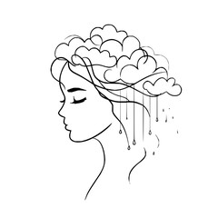 Line art of a woman in profile with clouds in her hair and raindrops falling from the clouds above her