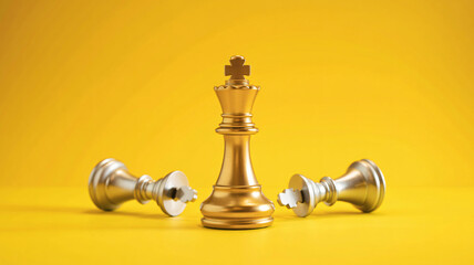 Golden chess king triumphing over fallen silver rivals on a vibrant yellow background symbolizing success