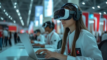 High School Students Competing in AI Hackathon with Laptops and VR Headsets in a Bright Event Space
