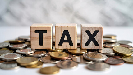 Tax savings concept illustrated with wooden blocks and coins, financial planning and tax strategy