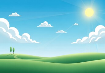 Fototapeta premium Vibrant green rolling hills under a bright sunny sky with fluffy white clouds and two trees