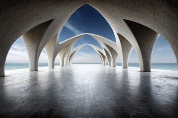 Empty architectural space with arches and ocean view.
