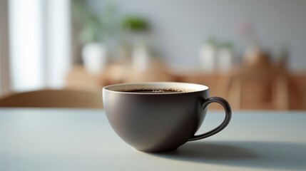 Fototapeta premium Steaming cup of black coffee sits on a light blue table in a modern kitchen, inviting a moment of relaxation and enjoyment amidst a softly blurred background of natural light and home decor