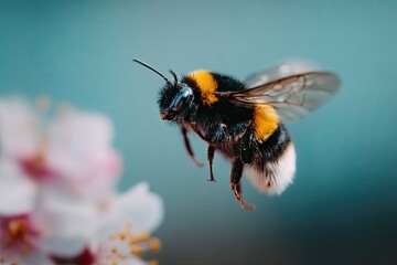 Close-up of a bee in flight near blossoms.