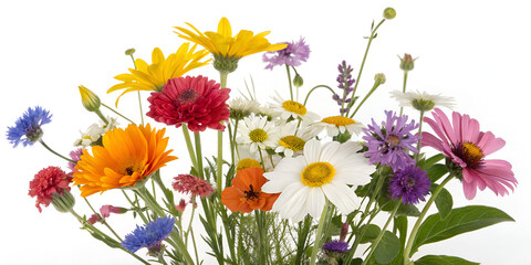 Obraz premium Colorful mixed wildflowers arranged on white background for vibrant and fresh floral composition