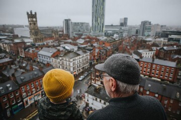 High angle view of a city skyline with people looking out.