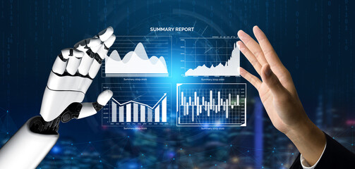 A robotic hand engages with detailed data visualizations in a sleek, digital environment, showcasing the blend of technology and business analytics. Impute