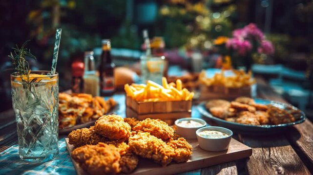 Fast food, different snacks and cold lemonade on wooden table in the garden. Summer picnic concept, lunch in nature