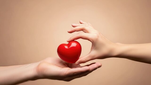 A gentle hand offers a vibrant red heart to another open palm, symbolizing the act of giving love and care
